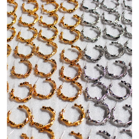Vintage Brass C-Shaped Hoop Earrings For Women Real Gold Plated With 925 Sterling Silver Post Geometric Cube Beaded Punk Jewelry
