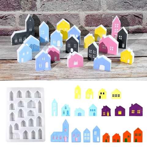 19-Cavity Mini House Silicone Mold European Building Shape Resin Epoxy Mold For DIY Keychain Pendant Decoration Crafting