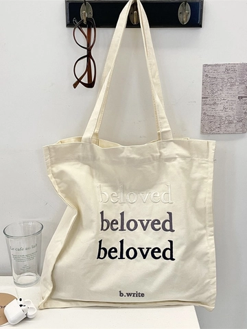 Damen Canvas Tote Bag Einfach Beloved Buchstaben Stickerei Große Kapazität Koreanischer Stil Umhängetasche