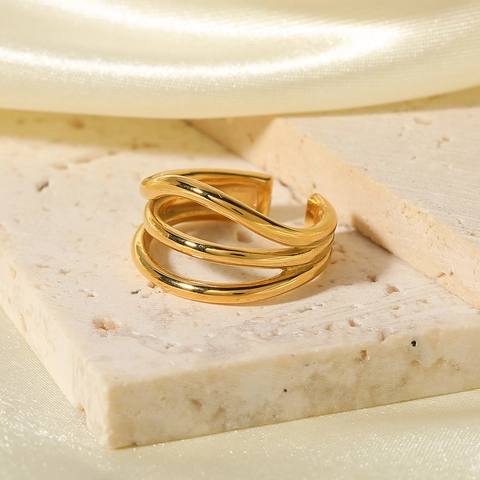 Adjustable Open Ring 18K Gold Plated Stainless Steel Multilayer Wave Design Minimalist Vintage Jewelry For Women