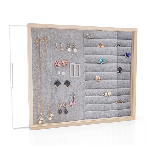 Solid Wood Jewelry Display Case Dustproof Acrylic Cover Wall Mounted Desktop Earring Ring Necklace Storage Box Velvet Lining