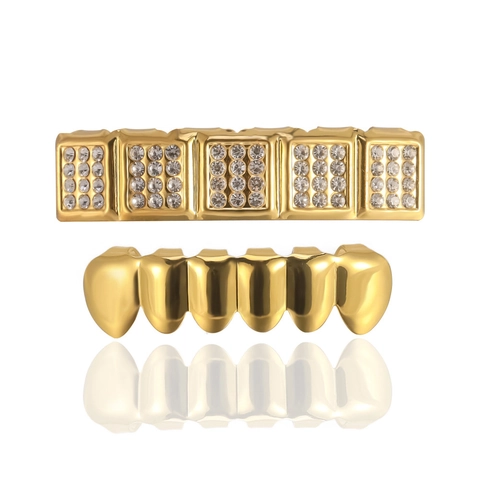 Iced Out Hip Hop Tanden Grillz Strass Koper Verguld Bling Boven En Onder Mond Gebit Sieraden Voor Rappers