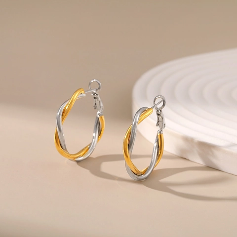 Orecchini a Cerchio Torsione Bicolore in Rame Placcato Oro 18K per Donna Gioielli Minimalisti con Cerchi Intrecciati Neutri