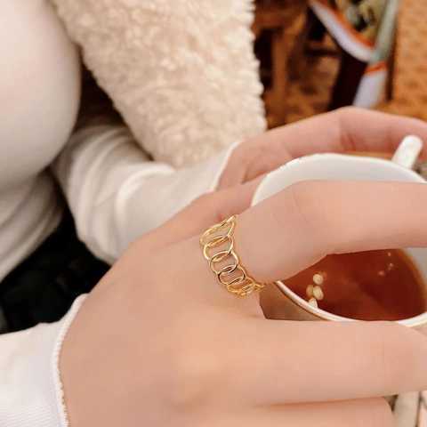 Minimalist S925 Sterling Silver Open Ring For Women Geometric Hollow Oval Chain Design Adjustable Finger Ring Jewelry Gift