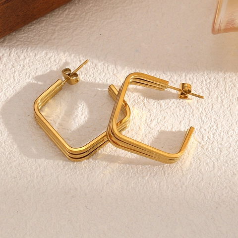 Minimalist Geometric Square Hollow Stud Earrings Stainless Steel 18K Gold Plated Multilayer Line Jewelry For Women