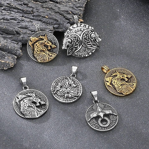 Viking Necklace Stainless Steel Nordic Mythology Retro Punk Dragon Wolf Eagle Runes Round Pendant Jewelry For Men