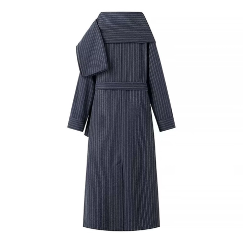 Trench-Coat Long À Rayures Pour Femmes Et Écharpe Et Ceinture Polyester Élégant Décontracté À Revers
