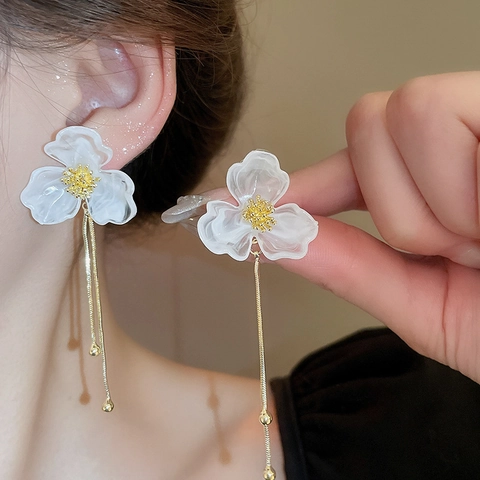 Pendientes Colgantes De Flor De Acrílico Blanco Con Poste De Plata Cadena De Borla Larga Joyería Coreana Para Mujer