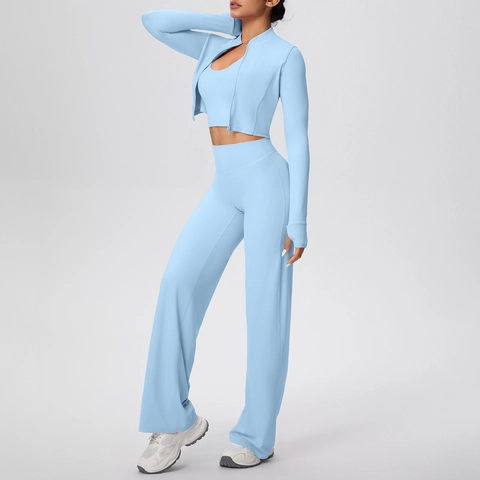 Women Sports Yoga Outfit Zipper Jacket With Vest And High Waist Wide Leg Pants Nylon Spandex Slim Fit Solid Color