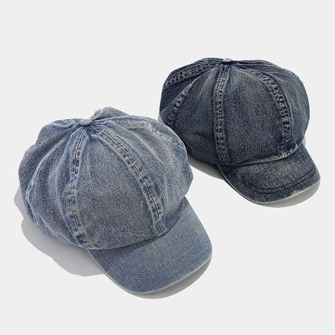 Vintage Washed Denim Newsboy Cap Retro Octagonal Hat Short Brim Casual Beret For Women Men
