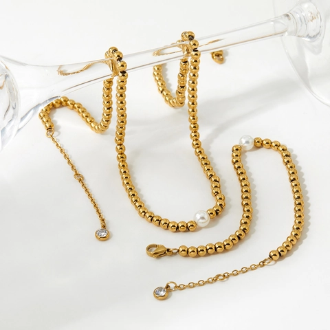 Collar Y Pulsera De Cuentas De Acero Inoxidable Con Perla Artificial Y Circonita Minimalista Elegante Moda Mujer