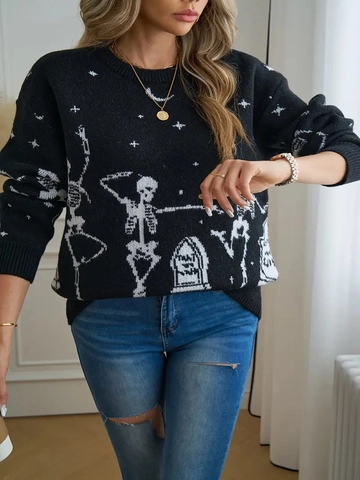 Womens Knit Sweater Halloween Skull Tombstone Pattern Long Sleeve Crew Neck Polyester Gothic Streetwear Casual Top