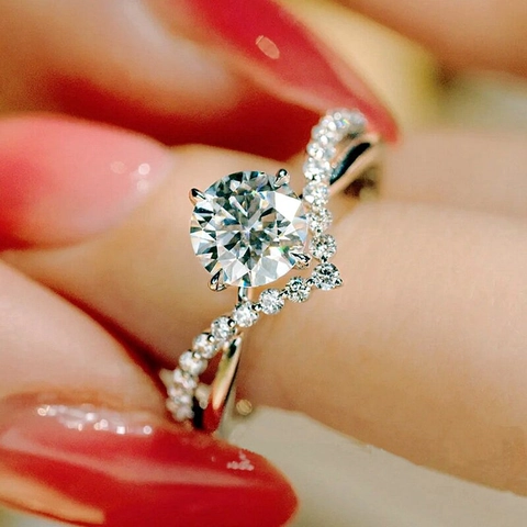 Elegant Copper Zircon Crown V-Shape Ring Round Brilliant Cut Engagement Wedding Jewelry Intertwined Twist Band For Women