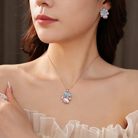 Gioielli Floreali Vintage Francesi Donna Lega Fiore Blu Cristallo Rosa Collana Pendente Orecchini Perno Argento