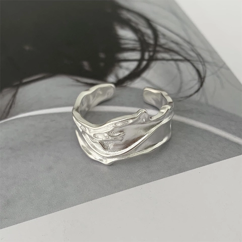 Anello Aperto In Argento Sterling 925 Texture Lava Irregolare Stile Metallo Liquido Minimalista Regolabile Da Donna