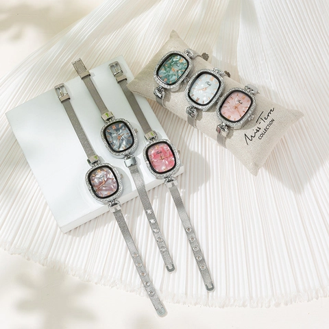 Women's Fashion Quartz Watch Oval Marble Texture Dial Rhinestone Alloy Case Silver Metal Mesh Strap Wristwatch