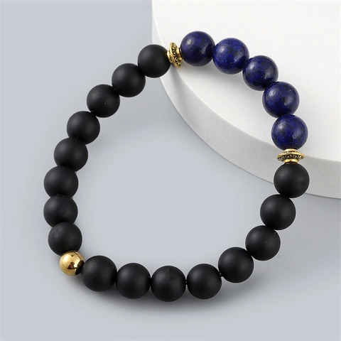 Men Beaded Bracelet Matte Black Stone Lapis Lazuli Gold Alloy Spacers Elastic Minimalist Jewelry Gift For Men
