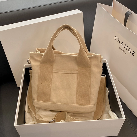 Small Canvas Tote Bag Simple Solid Color Handbag With Adjustable Shoulder Strap And Front Pocket For Women Casual Urban