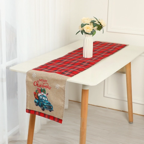 Christmas Table Runner Red Black Plaid Linen Fabric Vintage Blue Truck Merry Christmas Print Rustic Holiday Dining Decor