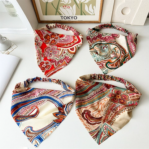 Bandana Triangolare Con Stampa Paisley Floreale In Satin Fascia Elastica Accessori Per Capelli Retrò Donna