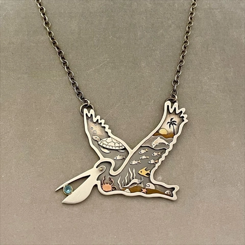Vintage Bird And Forest Pendant Necklace Stainless Steel Enamel Animal Jewelry With Blue Gemstone For Women Men