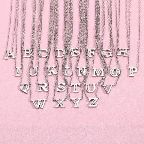Collier Pendentif Lettre Acier Inoxydable Initiale Majuscule Zircone Incrustée Ton Argent Bijoux Minimalistes Pour Femmes