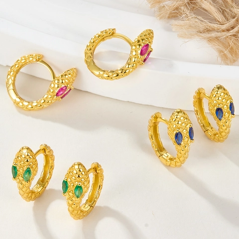 925 Sterling Silver Snake Hoop Earrings Vintage Gold Silver Zirconia Inlaid Snake Shape Ear Buckle Women Jewelry