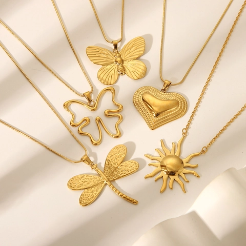 Collana Con Pendente Farfalla Cuore Libellula Sole In Acciaio Inossidabile Placcato Oro Catena Serpente Gioielli Da Donna