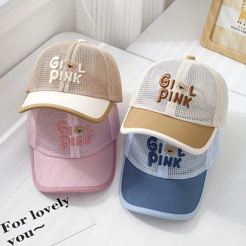 Kinder Atmungsaktive Mesh Baseballkappe Mit Süßem Bären Stickerei Girl Pink Buchstabe Patchwork Sommer Sonnenhut Für Kleinkinder