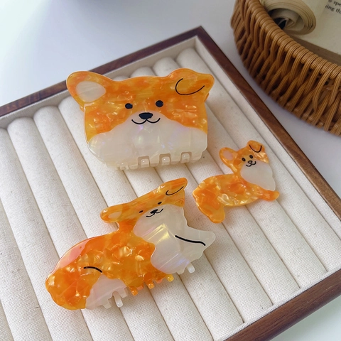 Corgi Hund Haarklammer Haargreifer Acetat Tierform Süße Kawaii Haaraccessoires Für Frauen Mädchen Orange Weiß