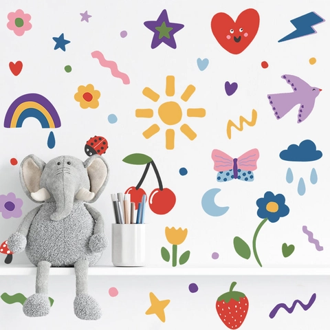 Autocollants Muraux Arc-en-ciel Dessin Animé PVC Auto-Adhésif Décoration Soleil Cœur Fruits Chambre Enfant Crèche