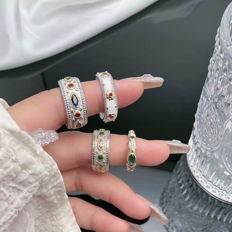 Vintage Open Ring Adjustable Copper Zircon Colorful Stone Palace Style Filigree Brushed Texture Bohemian For Women