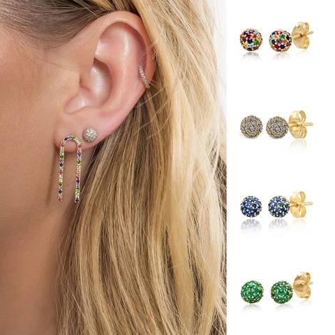Trendy Copper Gold Plated Sphere Stud Earrings For Women Pave Zirconia Geometric Disco Ball Earrings Jewelry Gift