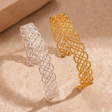 Brazalete Abierto Flor Geométrica Hueca Cobre Textura Trenzada Joyería Retro Bohemia Minimalista