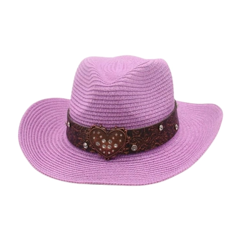 Women's Western Cowboy Straw Hat With Rhinestone Heart Buckle Breathable Sun Protection Ethnic Style Summer Beach Hat