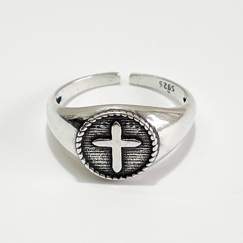 925 Sterling Silber Kreuz Ring Für Damen Retro Rundes Schild Verstellbar Offen Vintage Geometrisch