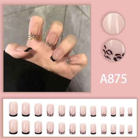 Faux Ongles Leopard Print French Tip Brillants Courts Carrés Mode Manucure Conseils Pour Femmes Filles Cool