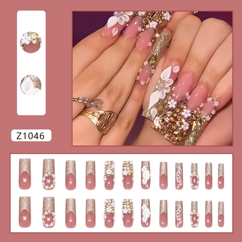 Französische Künstliche Nägel Goldglitzer 3D-Blume Strasssteine Langer Sarg Rosa Verlauf Nagelspitzen Für Frauen