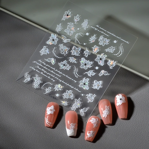 Autocollants Art Des Ongles 5D Relief Fleur Blanche Künstliche Perle Design Adhésif Imperméable Français Élégant Décoration Manucure