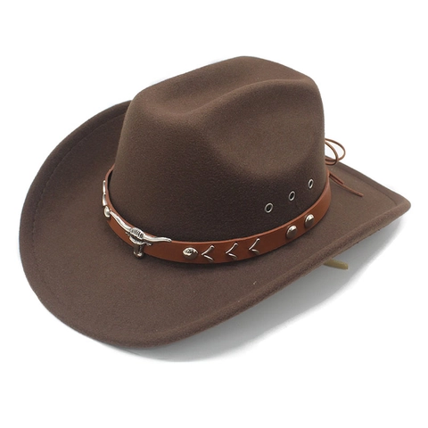 Western Cowboy Hat Woolen Felt With Leather Band Metal Bull Head Broad Brim Vintage Retro Style For Men Women