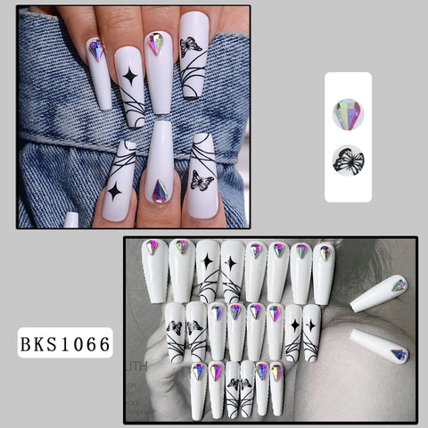 Uñas Postizas Largas de Ataúd Con Diseño de Mariposa y Estrellas Diamantes de Imitación Acrílico Bailarina Uñas Postizas Para Mujer Manicura