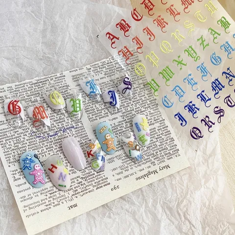 Pegatinas Para Uñas 3D Relieve Letras Góticas Coloridas Decoración Manicura DIY Para Salón Y Estilo Personal