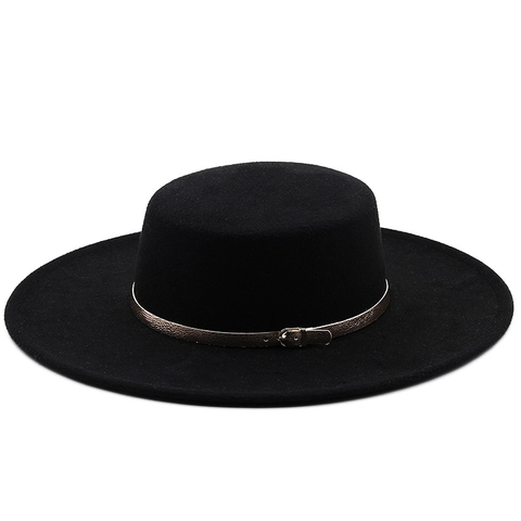 Flat Top Wide Brim Fedora Hat Vintage Felt Bolero Boater Style With Decorative Buckle Belt For Women Men