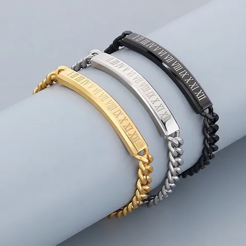 Men Stainless Steel Cuban Chain Bracelet With Roman Numeral Curved Plate Fashion Punk Jewelry For Daily Wear