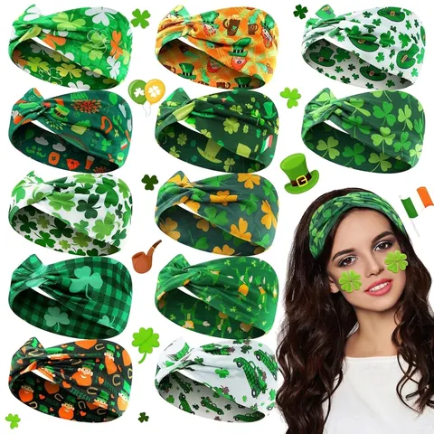 Women St Patrick Day Headband Elastic Polyester Twist Knot Hair Band Shamrock Clover Print Irish Party Yoga Sports Sweat Wicking Accessory