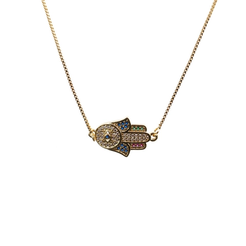 Hamsa Hand Böser Blick Halskette Vergoldet Kupfer Bunter Zirkon Anhänger Boxkette Schutzschmuck Für Damen