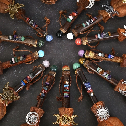 Mini Witch Broom Altar Decor Handmade Wood Natural Fiber Crystal Sphere Metal Charms Wicca Gothic Mystical Home Ornament