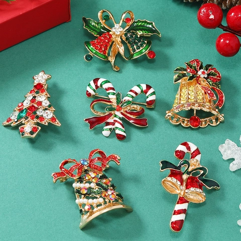 Christmas Brooch Alloy Rhinestone Enamel Bell Xmas Tree Candy Cane Festive Vintage Jewelry Pin For Women Holiday Decor