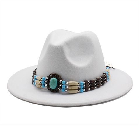 Bohemian Fedora Hat Wide Brim Cotton Polyester Felt Ethnic Bead Turquoise Decor Vintage Jazz Cap For Men Women