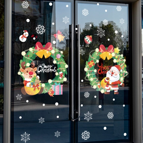 Autocollants De Fenêtre Noël PVC Électrostatiques Père Noël Élan Couronne Flocons De Neige Décoration De Verre Double Face